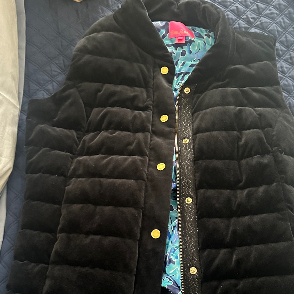 Lilly Pulitzer Black Quilted Vest with Gold Buttons